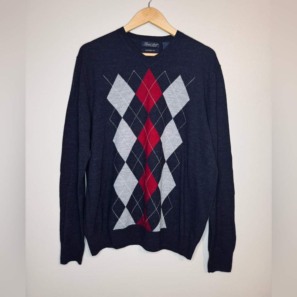 Garret Scott Argyle Sweater 100% Merino Wool V Neck‎ Mens L